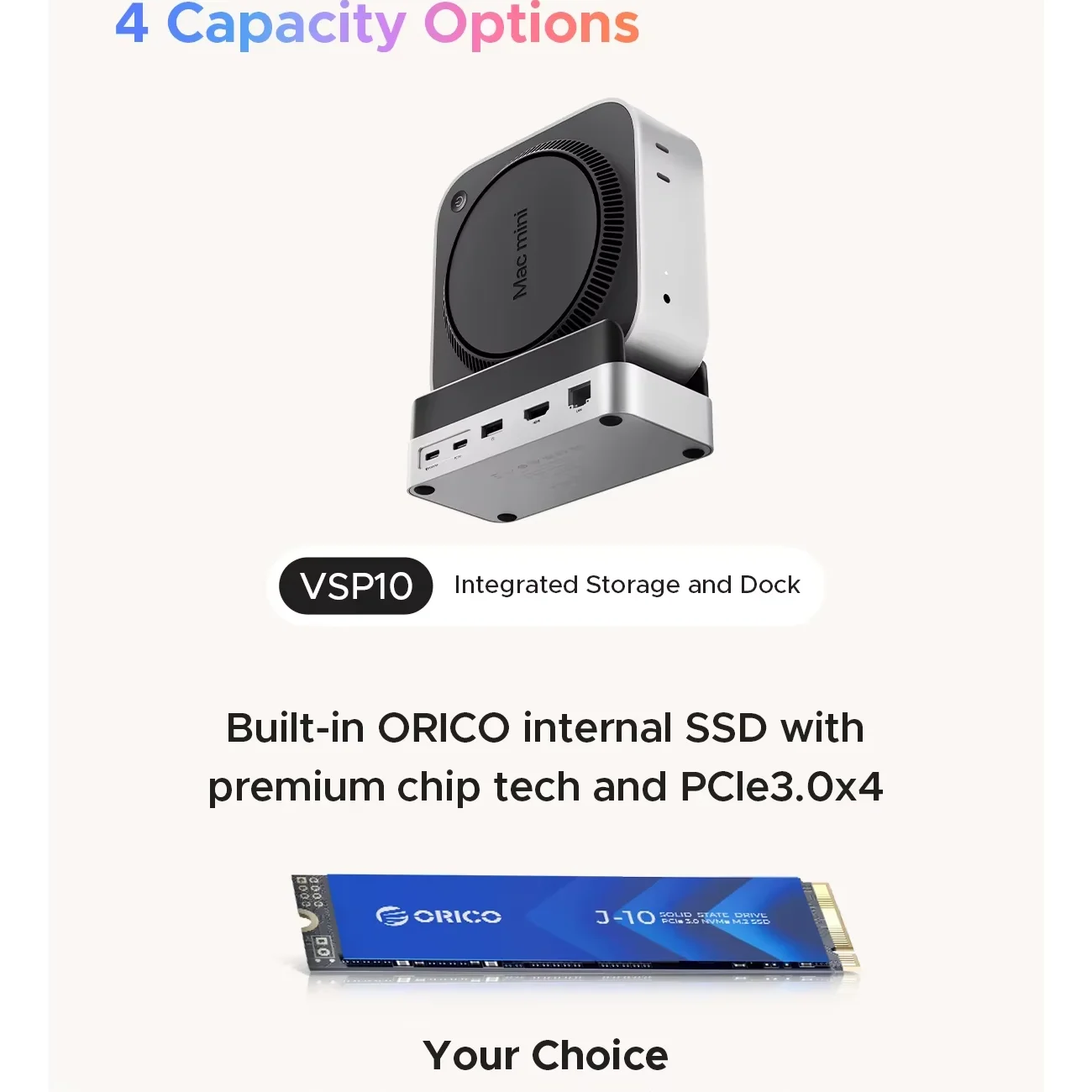 ORICO MiniDock Expansion Dock USB3.2 Gen2 Type C Dock Station with 512G 1T 2T 4T M.2 SSD for Mac Mini M4/M4 Pro Storage & Stand