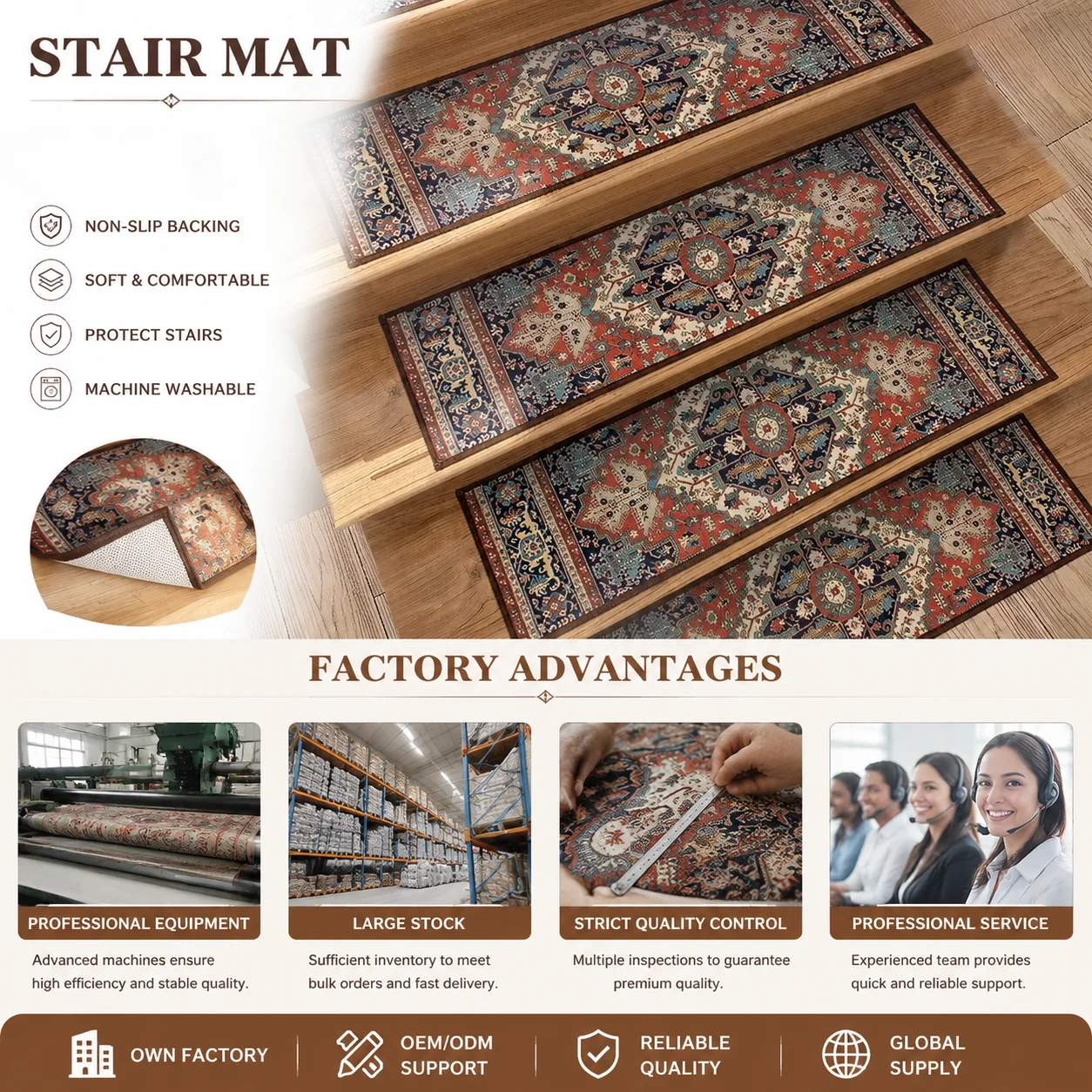 Nordic Pattern Non Slip Stair Treads Durable Quiet Step Mats Dirt Resistant Carpet Pads for Indoor Wooden Home Stairs