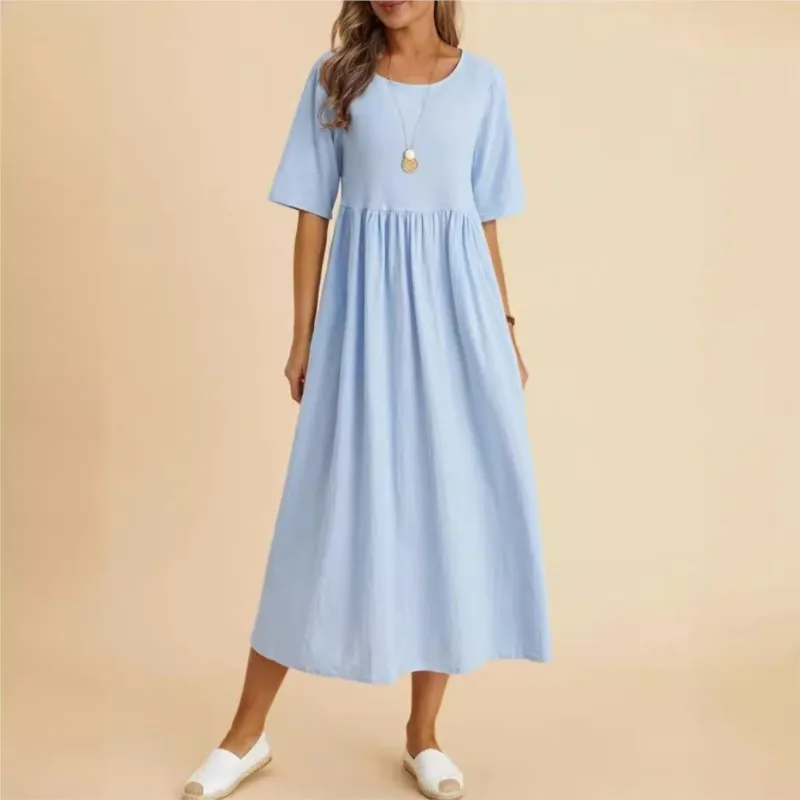 

Sweet Women's Dress Summer Fashion Solid Color O-neck Short Sleeved A-line Mid Length Dresses Lady Casual Simple Style Vestidos