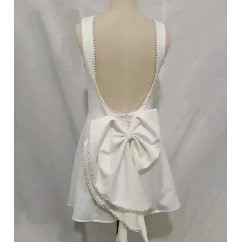 White Pearl Backless Bow Evening Party Mini Dresses Women 2024 Sexy Dress Bodycon Robes Summer Waist Wrap A Line Dress Vestidos