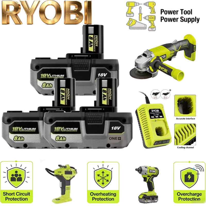 Ryobi 18V 6Ah 8Ah Battery, Low Temperature Design, Good Heat Dissipation, Fit R18AG115, R18AG7,for Ryobi Cordless Power Tools