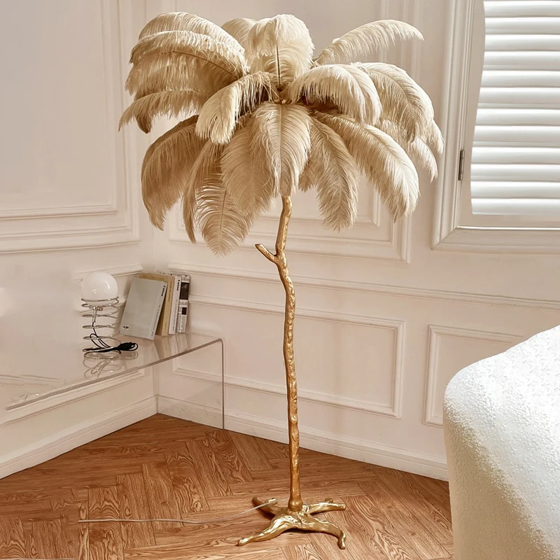 Lámpara de pie Led de pluma de avestruz nórdica, resina de cobre, decoración del hogar para sala de estar, iluminación interior, dormitorio, mesita de noche, luz de mesa de pie