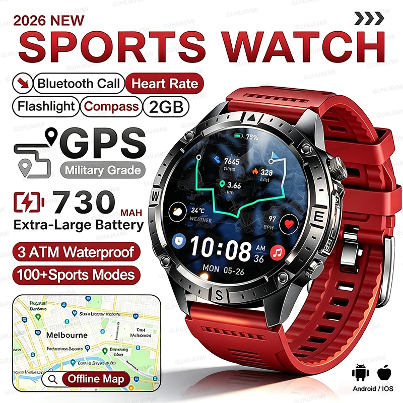 TANK Military Grade GPS Offline Maps Smart Watch 2GB 730mAh 3ATM Waterproof Sports Compass Heart Rate Bluetooth Call Watch 2026