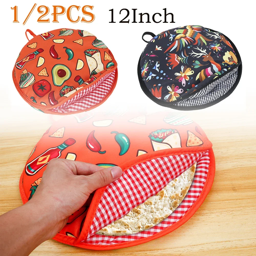 1/2Pcs 12inch Burrito Cloth Bag Portable Tortilla Warmer Pouch Kitchen Microwave-Safe Oven Pouch with Handle for Pizza Bread