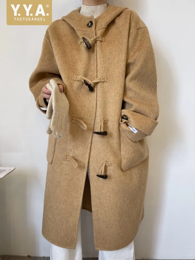 Winter Women Fashion Mid Length Turn Down Collar Woolen Coat Warm Long Loose Single Breasted Hooded Solid Color Lady Outerwear