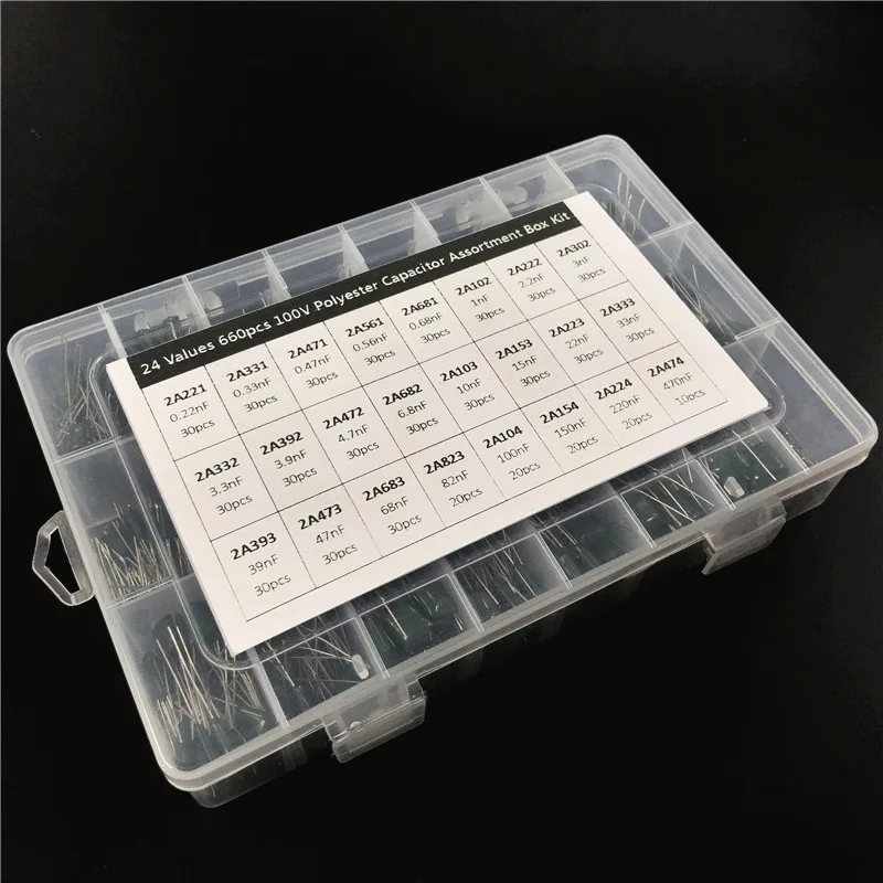 

24Value 660pcs capacitor kit 100V 2A221J to 2A474J Polyester Film capacitor Assorted Kit with storage box
