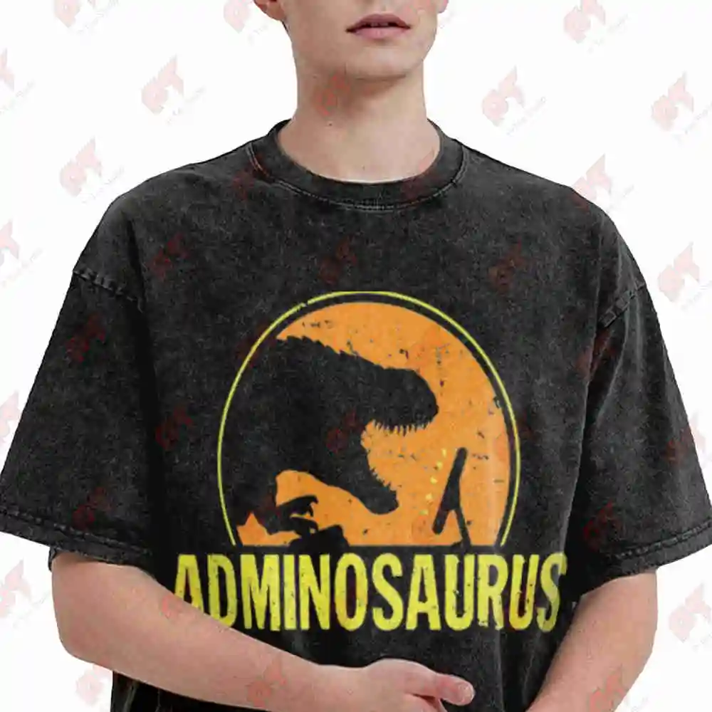 Adminsaurus Dinosaur Nerd Administrator Vintage Washed Tee Pure Cotton T-Shirt