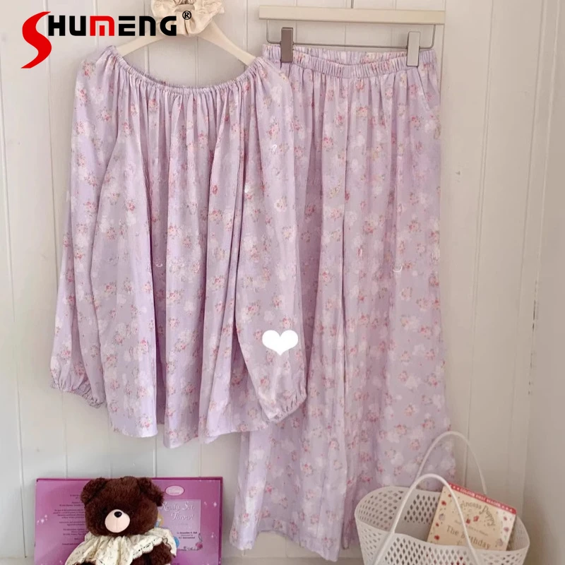 

Cotton Loose Double Layer Pajamas Set Women Gauze Round Neck Off Shoulder Homewear Set Female Japanese Style Loose Loungewear