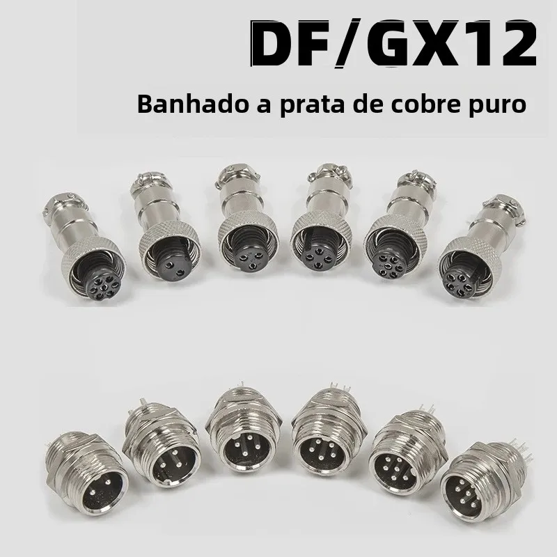 Conector de aviação GX12 2/3/4/5/6/7 pinos - IP67 à prova d'água, cobre puro banhado a prata, 5A 125V AC/DC (compatível com RS765)
