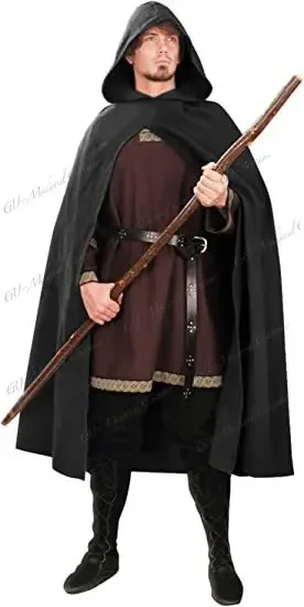 Halloween Medieval Archer Cape Wizard Coat Casual Sleeveless Black Hooded Cloak Wide Open Woolen Outwear Girls Drama Costume