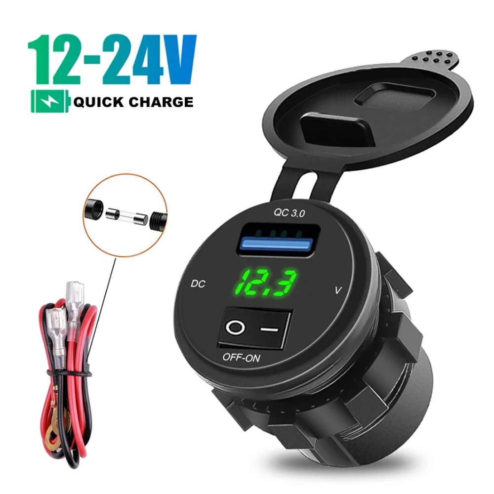 18W Quick Charger QC3.0 USB Charger With Switch LED Voltage Display Charger Socket 12V 24V For Car Truck ATV Boat Motorcycle