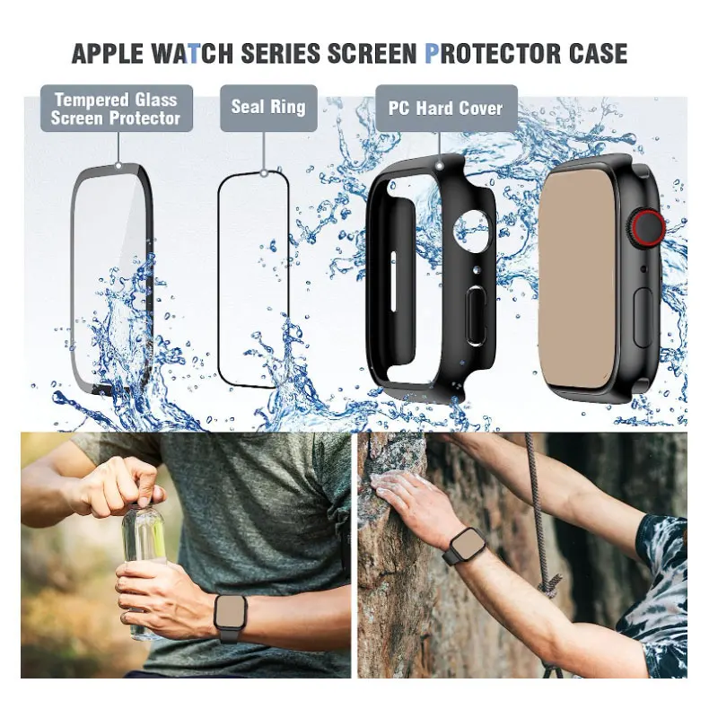 Funda dura para Apple Watch, Protector de pantalla de vidrio templado de 45mm, 44mm, 42mm, 38, 41mm y 40mm, accesorios para iWatch serie 8 7 6 5 4 3