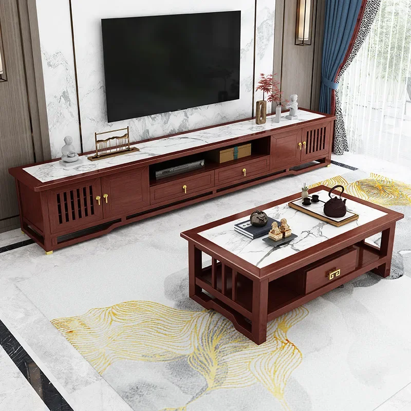 New Chinese solid wood TV cabinet coffee table video cabinet light luxury rock slab modern simple household living room red