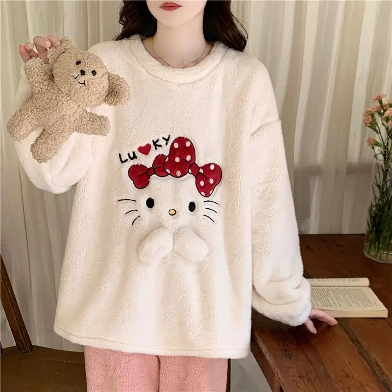 

Hello Kitty Long Plush Two Piece Set Women Pullover Loungewear Winter Cozy Outfit Versatile Wear Soft Comfortable Home Wear