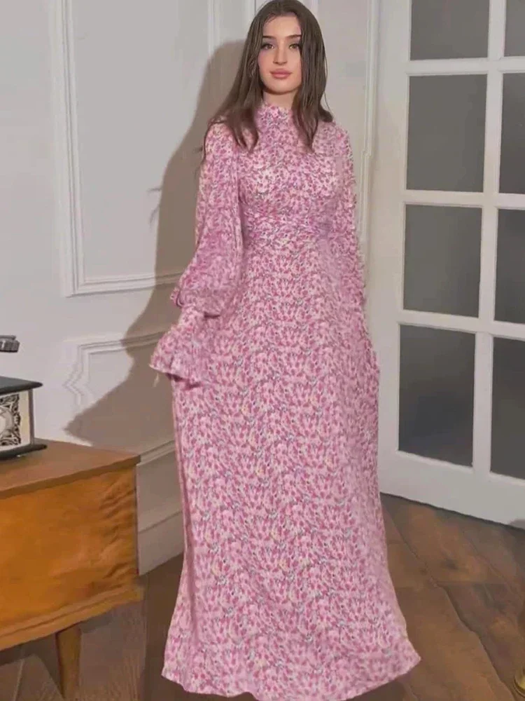 

Женское мусульманское платье-абайя для Ид, с цветочным узором, на шнуровке, приталенное, в марокканском стиле, для Рамадана, Дубай, кафтан, исламское платье, с принтом, арабские платья