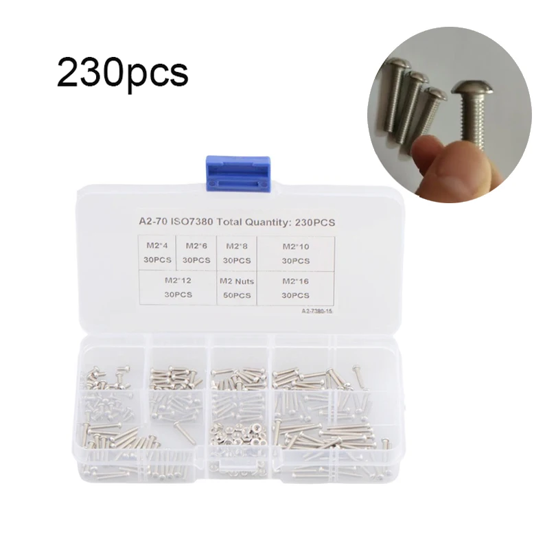 

230pcs M2 304 Stainless Steel Allen Hex Drive Button Head Socket Cap Bolts Screws Nuts Assortment Kit with Box