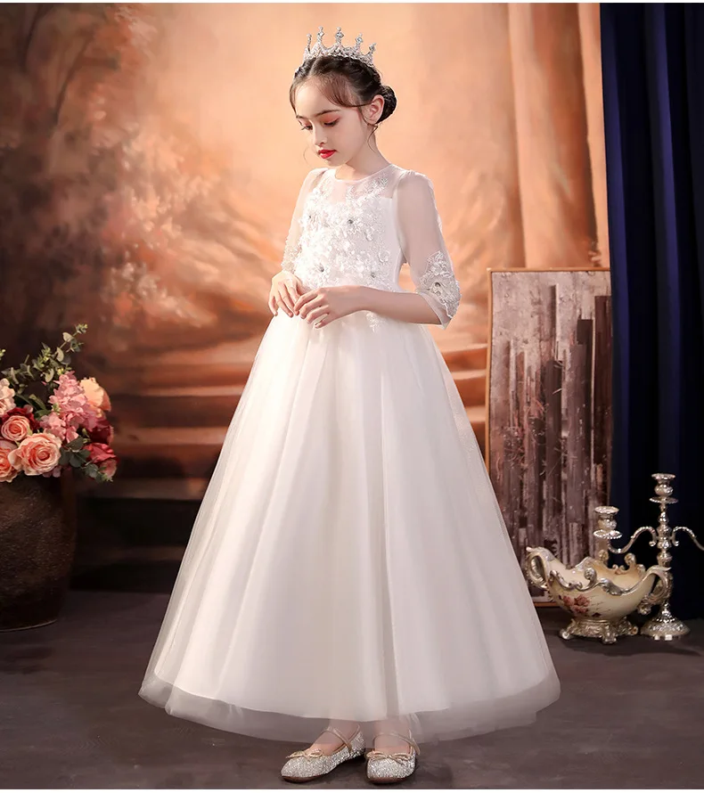 Elegant Flower Girls Wedding Party White Dress Piano Performance Long Dress For Girls Carnival Banquet Lace Ball Gown 4-12Year