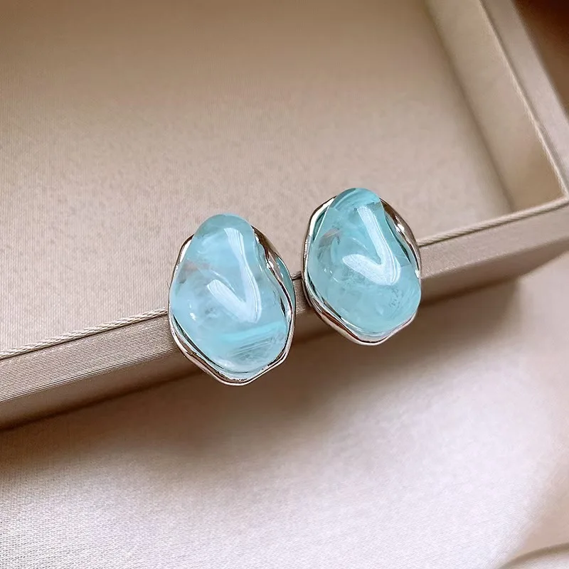 Irregular Smudging Resin Blue Jelly Ice Cute Geometric Bean Stud Earrings for Women Unique Jewelry Christmas Gift