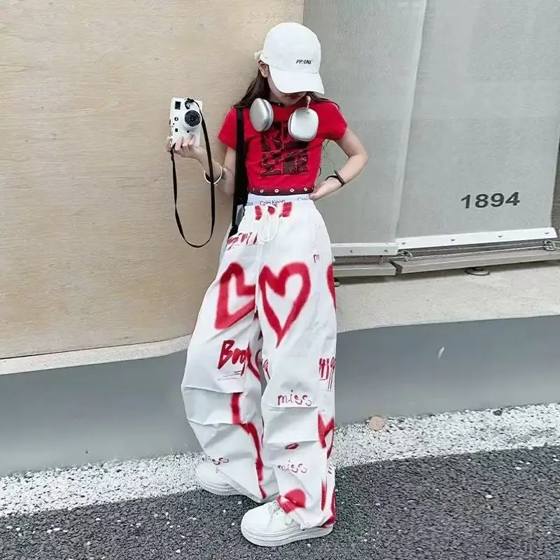 

2026 Summer Spring Teens Tracksuit Girls Love Heart Graffiti 1pc T-shirt Top or Long Wide Leg Pant Kid 4 -14 year