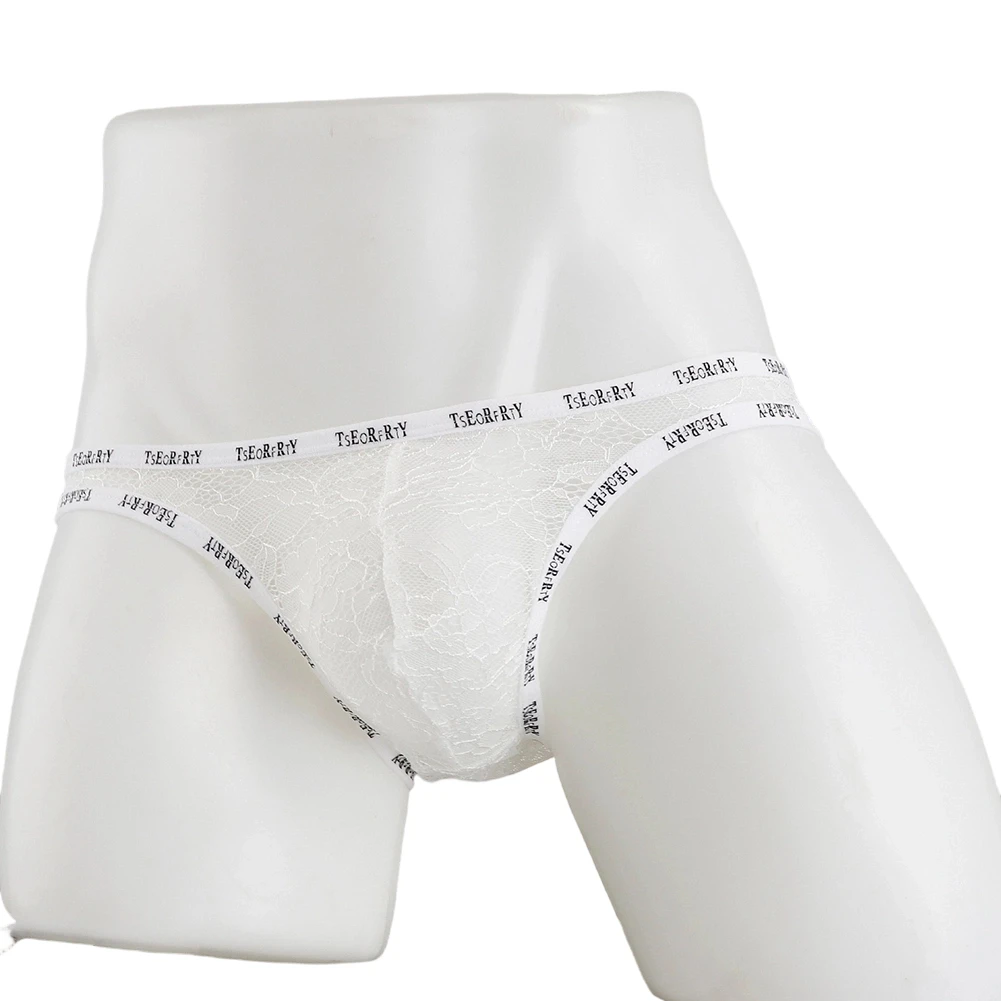 Men Jacquard Lace Sheer G-string Brief Half-covered Butt Pouch Underwear Thongs  Sexy Lace See-Through Transparent Briefs
