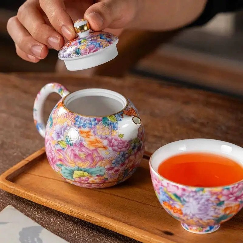 Chinese Style Enamel Ceramic Multi Colored For Home Use Single Pot Full Color Hand Painted Tea Pot
