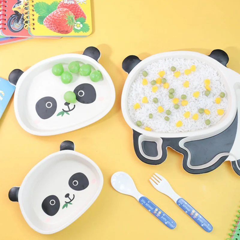 Panda Baby Tableware Safe Cartoon Toddler Bamboo Fiber Bowl Fork Cup Spoon Plate Kids Feeding Dishes Child Infant Dinnerware Set