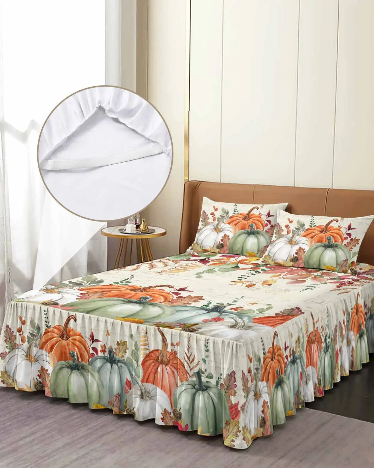 

Thanksgiving Autumn Eucalyptus Skirt Elastic Fitted Bedspread With Pillowcases Mattress Cover Bedding Set Bed Sheet