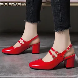 Spring Women Pumps Thick High Heel Mary Janes Shoes Round Toe Autumn Office Dress Party Bridal Red Lady Slingbacks Big Size32-43