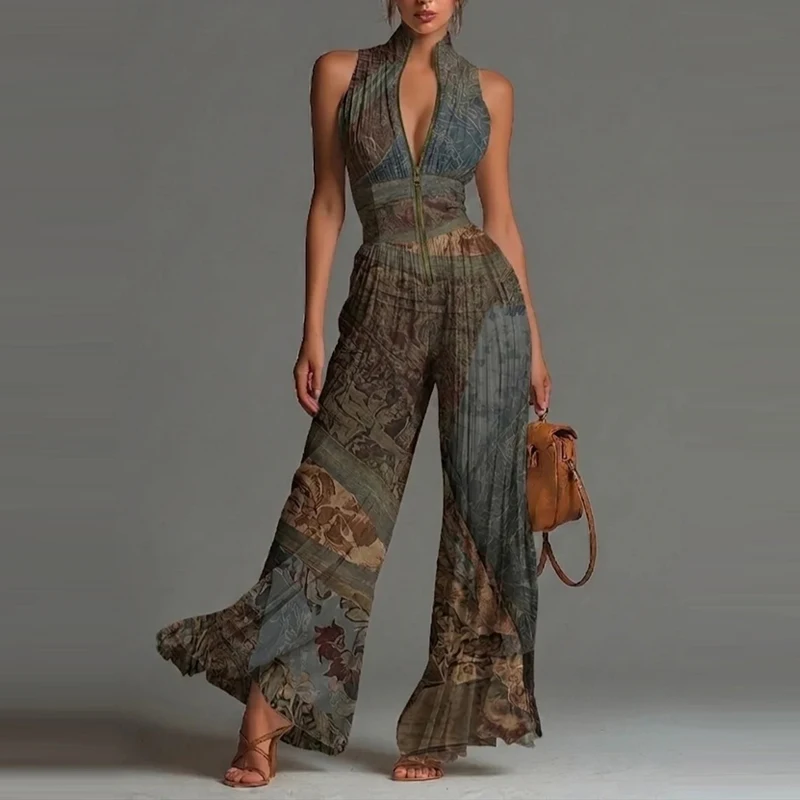 Elegant Lady Zipper Wide Leg Playsuits Stand Collar High Waist Pleat Jumpsuit Fashion Sleeveless Pure Color Slim Commute Rompers