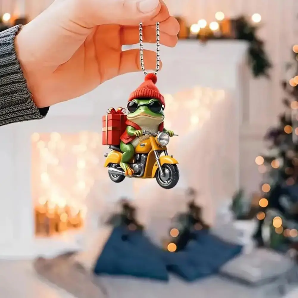 Christmas Tree Frog Ornament Riding Motorcycle Santa Hat Frog Xmas Tree Hanging Decoration Cartoon Acrylic Pendant For Tree