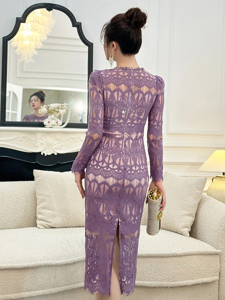 Women's Elegant Romantic Party Dress Lady Chic Sheer Lace Hook Flower Hollow Colored Diamond Neckline Robe Femme Prom Vestidos