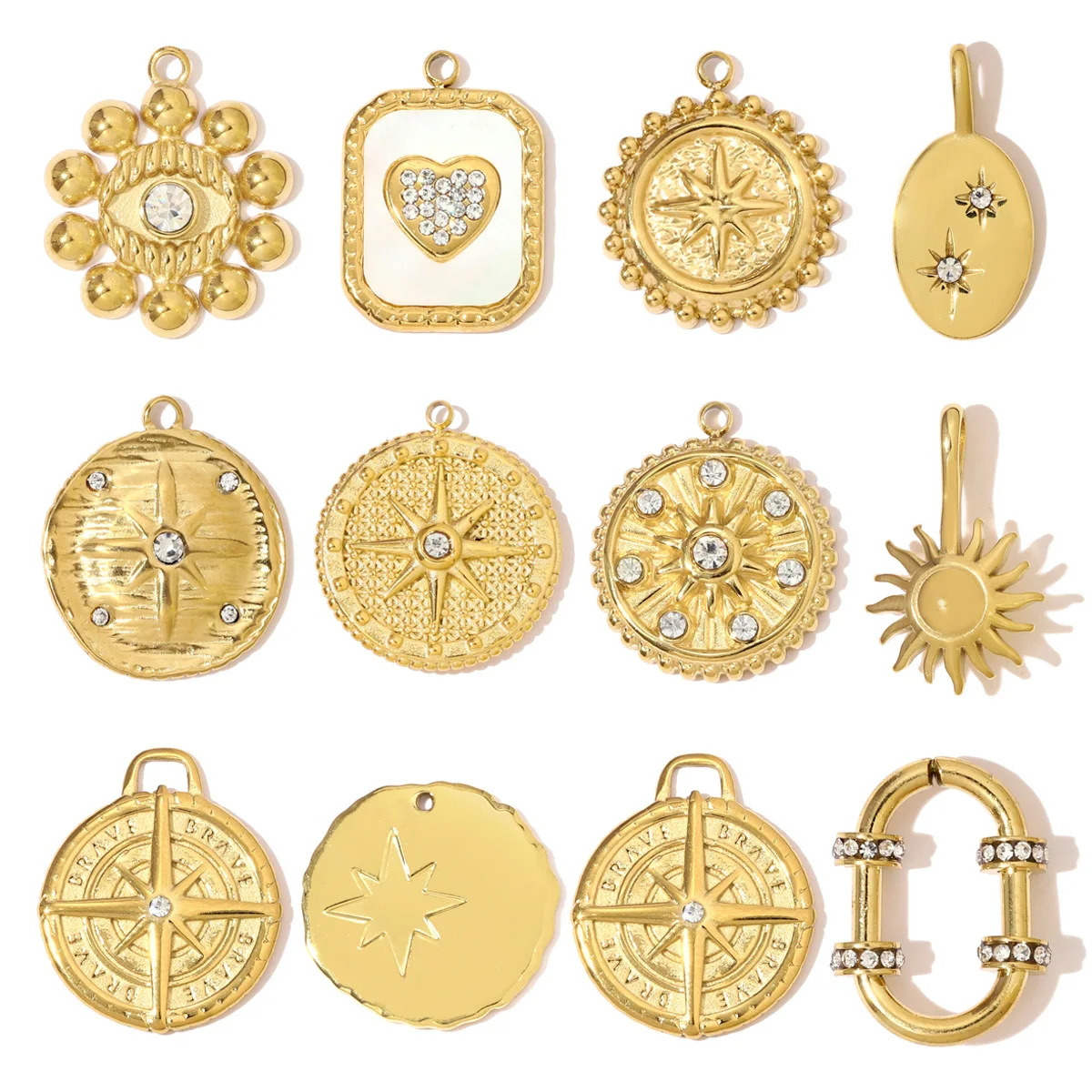 3pcs/Lot Wholesale Stainless Steel Rhinestone Octagram Compass DIY Charms Star Sun Eye Necklace Pendants Women Disc Oval Jewelry