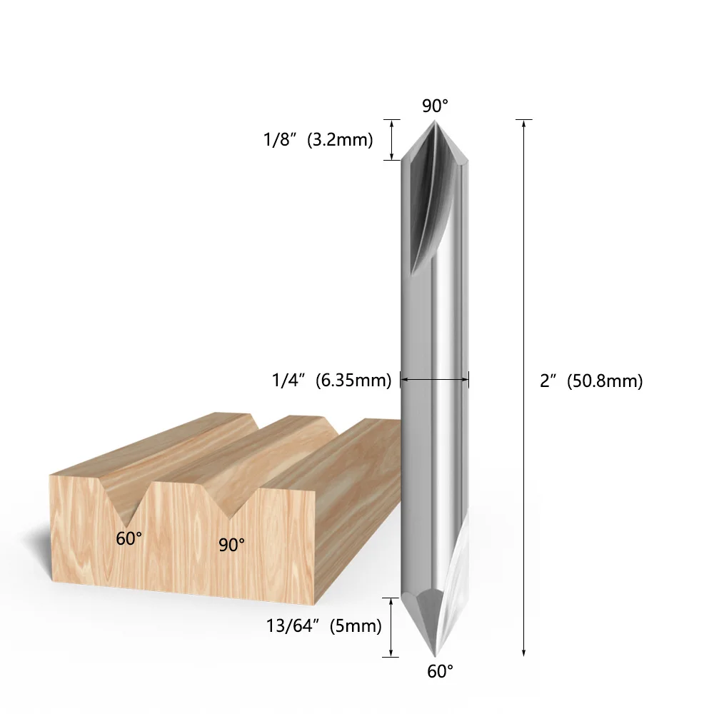 1/4 Shank Integral Hard Alloy Double End Pointed Drill 60 Degrees 90 Degrees Woodworking Slotting Tool V-Type Milling Cutter