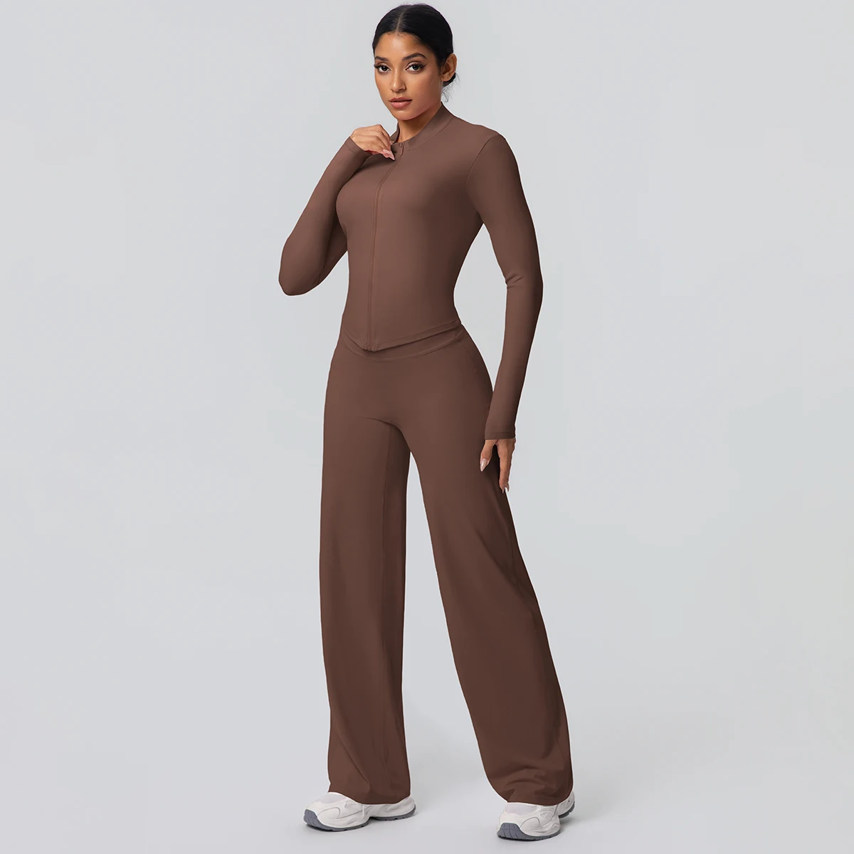 2 stück Schnell Trocknend Sport Fitness Kleidung Yoga Set Frauen Yoga Zipper Lange Ärmel Hohe Taille Atmungsaktive Breite Bein Hosen set – Detail 10
