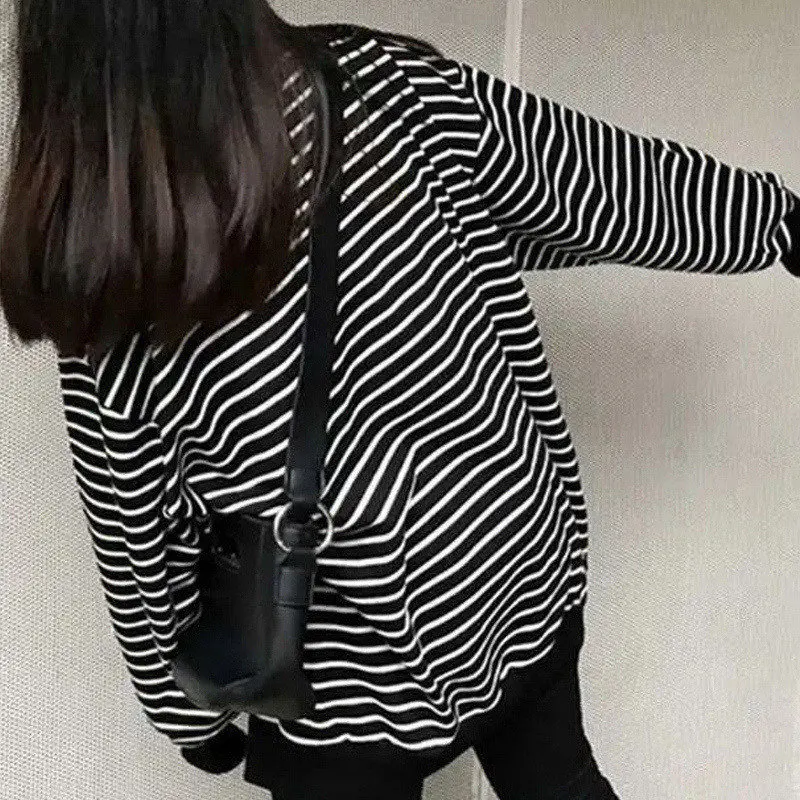 Sudadera clásica de manga larga a rayas para mujer, ropa de calle de gran tamaño, jerséis informales de lana para Otoño e Invierno