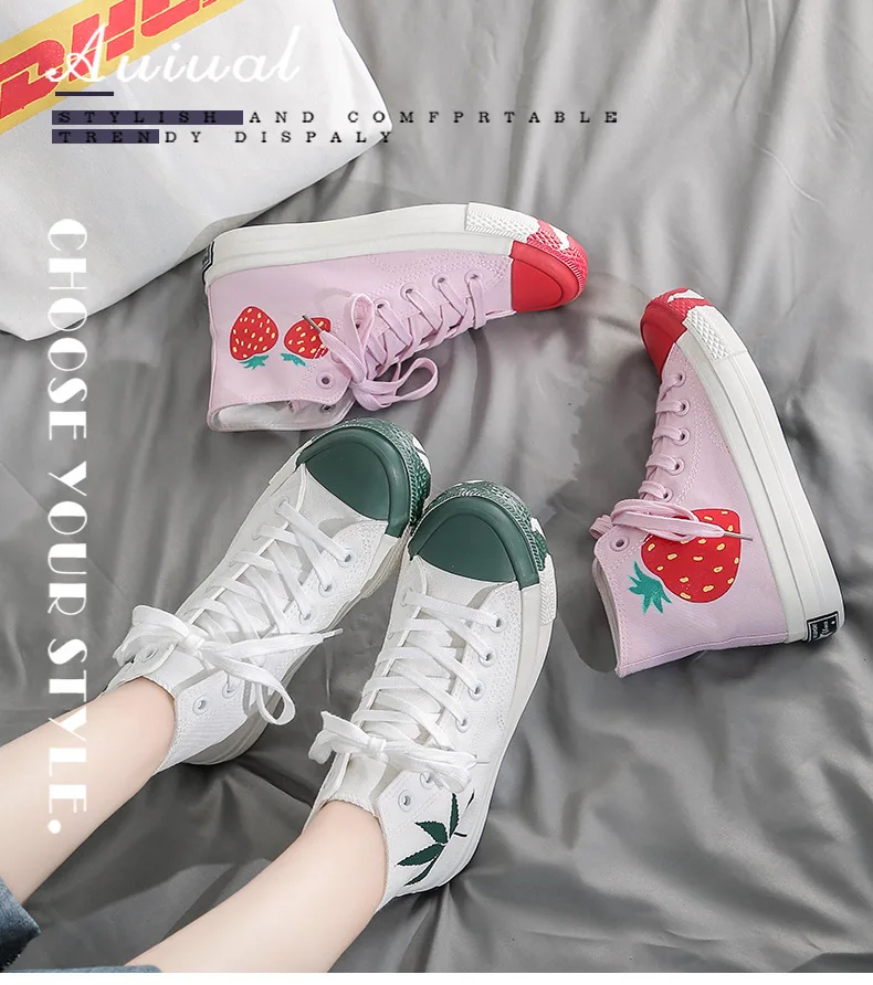 Girls Students Sweet Canvas Shoes Strawberry Printing Women Middle High Sneakers Leaf Pattern Women Summer Canvas Short Boots