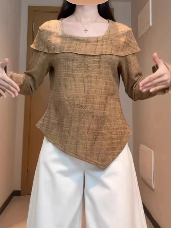 

plus Size Women's T-irt Bell Sve Asymmetrical Long Sve Slimming Versatile Top Korean Sle Creative Pattern Autumn Wear