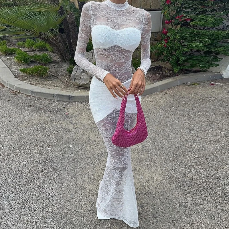 

TARUXY Lace Hollow Out See Through Fishtail Dress Women ’s Solid Slim Sexy Long Dress New 2025 Autumn Party Evening Dress Women