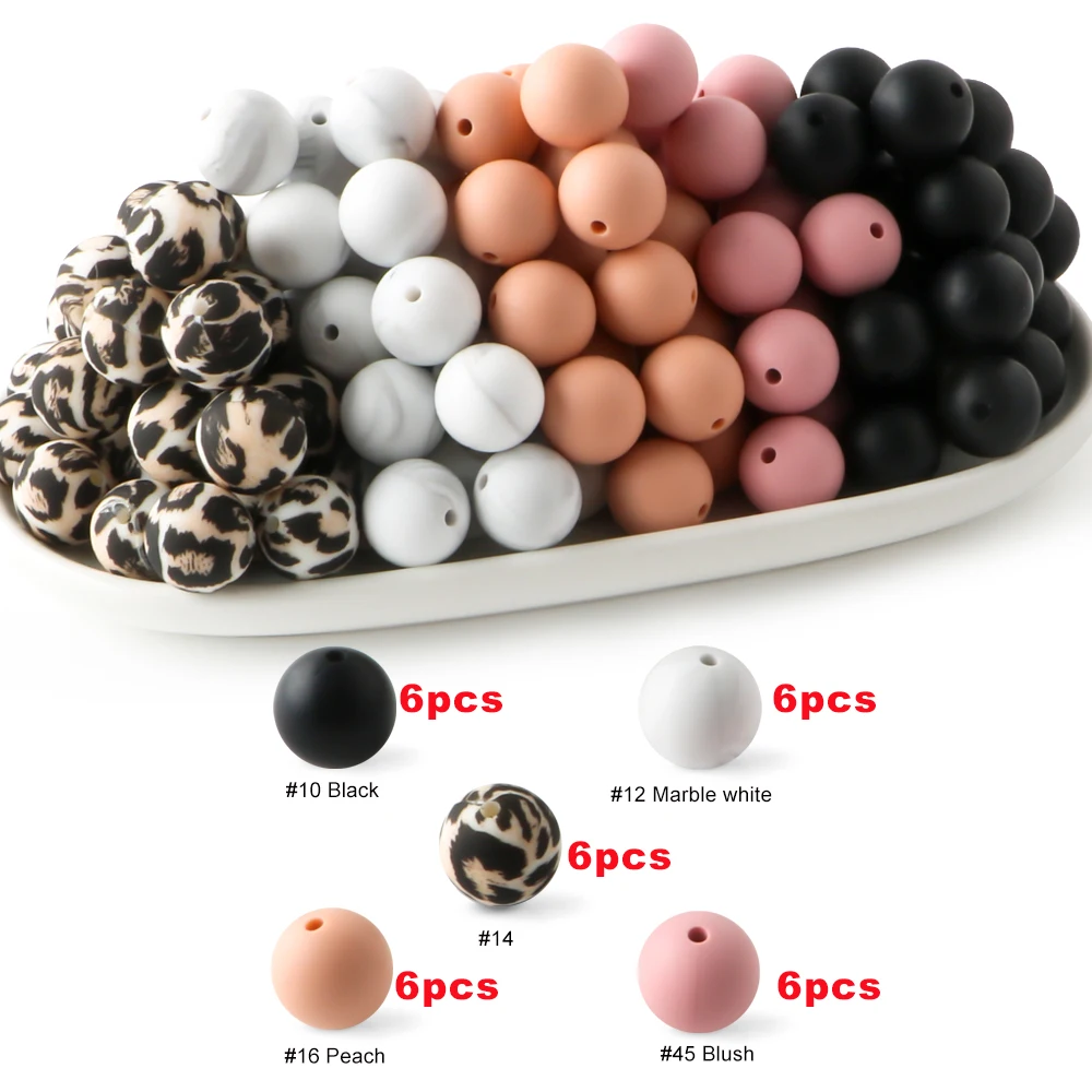 30Pcs 15MM Round Silicone Beads Printed Beads Mix Color Set For Jewelry Making DIY KeyChain Pen Bracelet Necklace Accessories