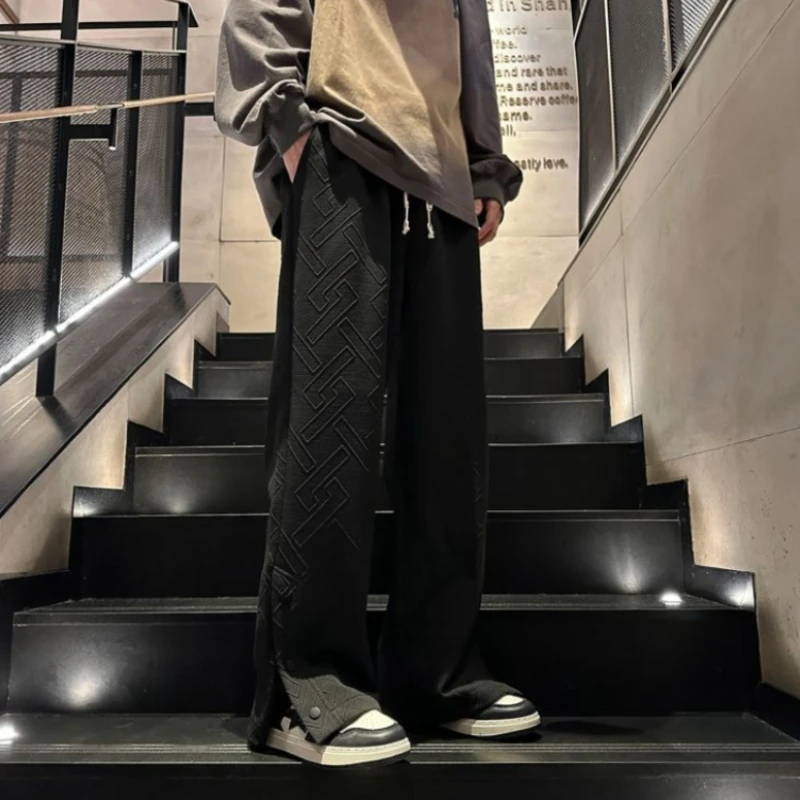 

Trendy Men's Long Pants Spring Autumn Casual Wear Button Fly Slit Detail Loose Wide Leg Jacquard Trousers Street Style