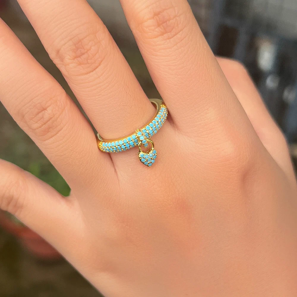 

CWWZircons Adjustable Size Open Cuff Round Blue Turquoises Stone Chic Love Heart Charm Rings for Women Trendy Jewelry Gift R285