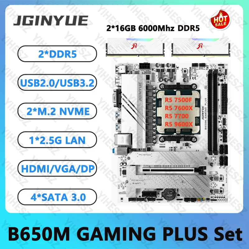 JGINYUE B650M GAMING PLUS Motherboard Kit Ryzen 5 7500F/7600X/9600X R7 7700 CPU And 2*16GB 6000Mhz DDR5 RAM Support SATA3.0