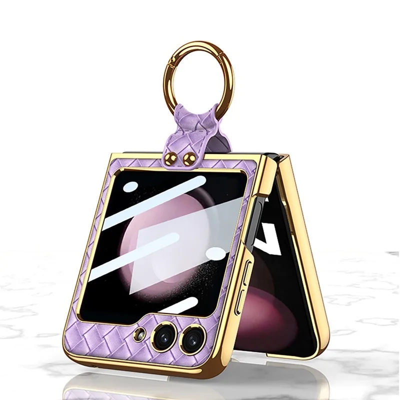 Luxury Leather Woven Phone Case for Samsung Z Flip 4 5 Case with Ring Fashion Shockproof Cover for Galaxy Z Flip4 Flip5 Case