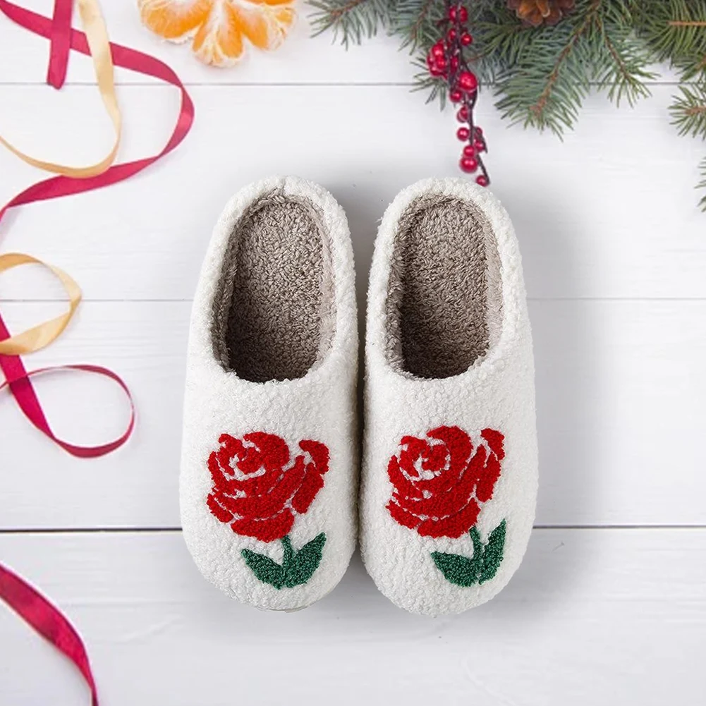 Red Rose Plush Slippers Fluffy Home Slippers Comfortable Furry Flower Slippers Anti Slip Floral Couple Slippers for Men Women