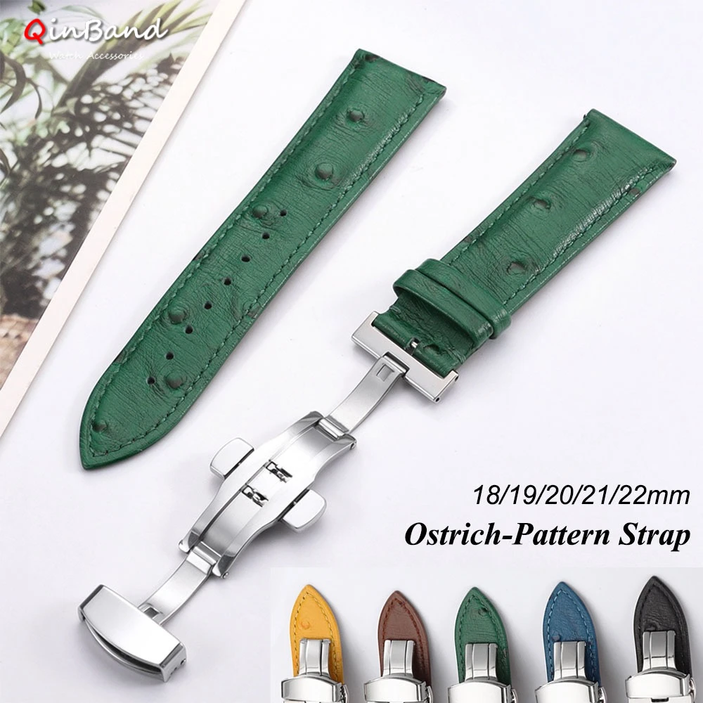 18mm 19mm 20mm 21mm 22mm Soft Leather Watch Strap Ostrich Pattern Watchband Butterfly Buckle Men Women Bracelet for Samsung Band