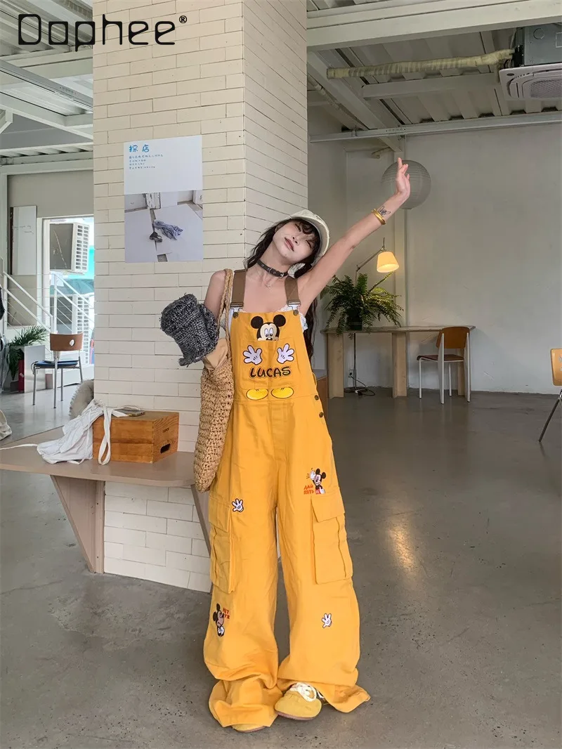 

Cute College Strap Jeans Women's American Retro Cartoon Cat Loose Trousers Tide Rompers Womens Jumpsuit Cargo Pants Women