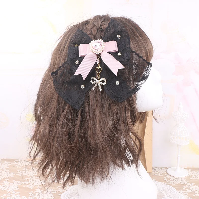 Pinces à cheveux pour femmes, gros nœuds ornés, dentelle luxuriante, épingles à cheveux faites à la main, Accessoires avec nœud Lolita, strass, pinces à cheveux tendance pour femmes