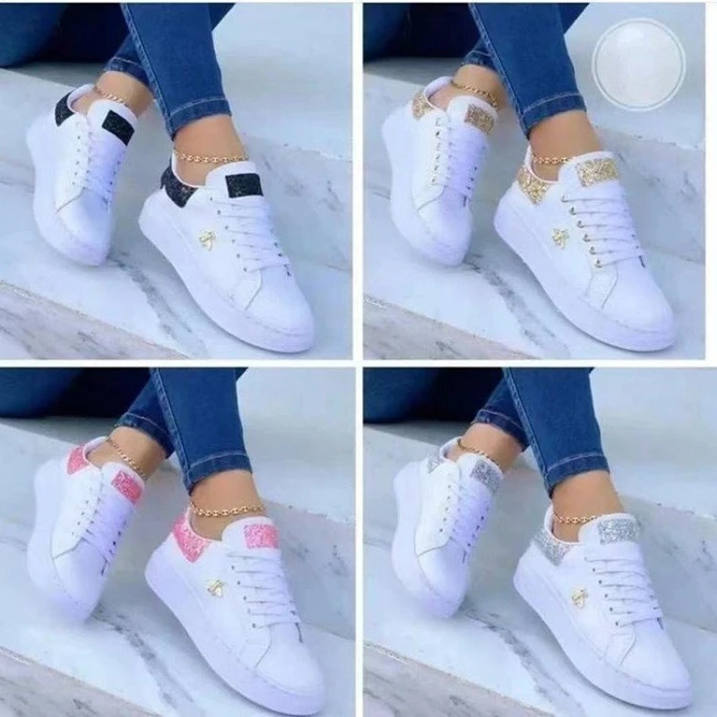 White Sequins Sneakers Women Bees Thick Bottom Trainers Korean Style Round Head Running Shoes Fall Lace Up Flats Sapato Feminino