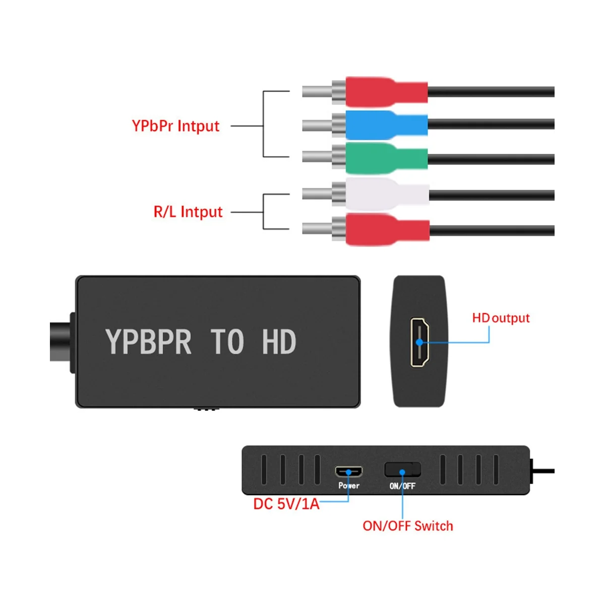 1080P Component to HDMI-Compatible Converter YPBPR RGB + R/L Audio to HDMI-Compatible Adapter 5RCA to HDMI-Compatible