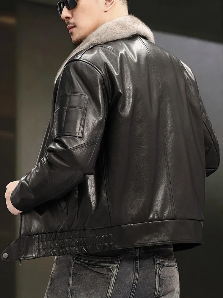 Winter Mens Fashion Overcoat Black Loose Warm Mink Fur Lining Turn Down Fur Collar Sheepskin Genuine Leather Jacket Outwear Coat - Image 5